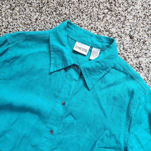 Chico's Tunic Top Small 100% Linen Teal Green Button Up 3/4 Sleeves Jewel Tone - Picture 1 of 4